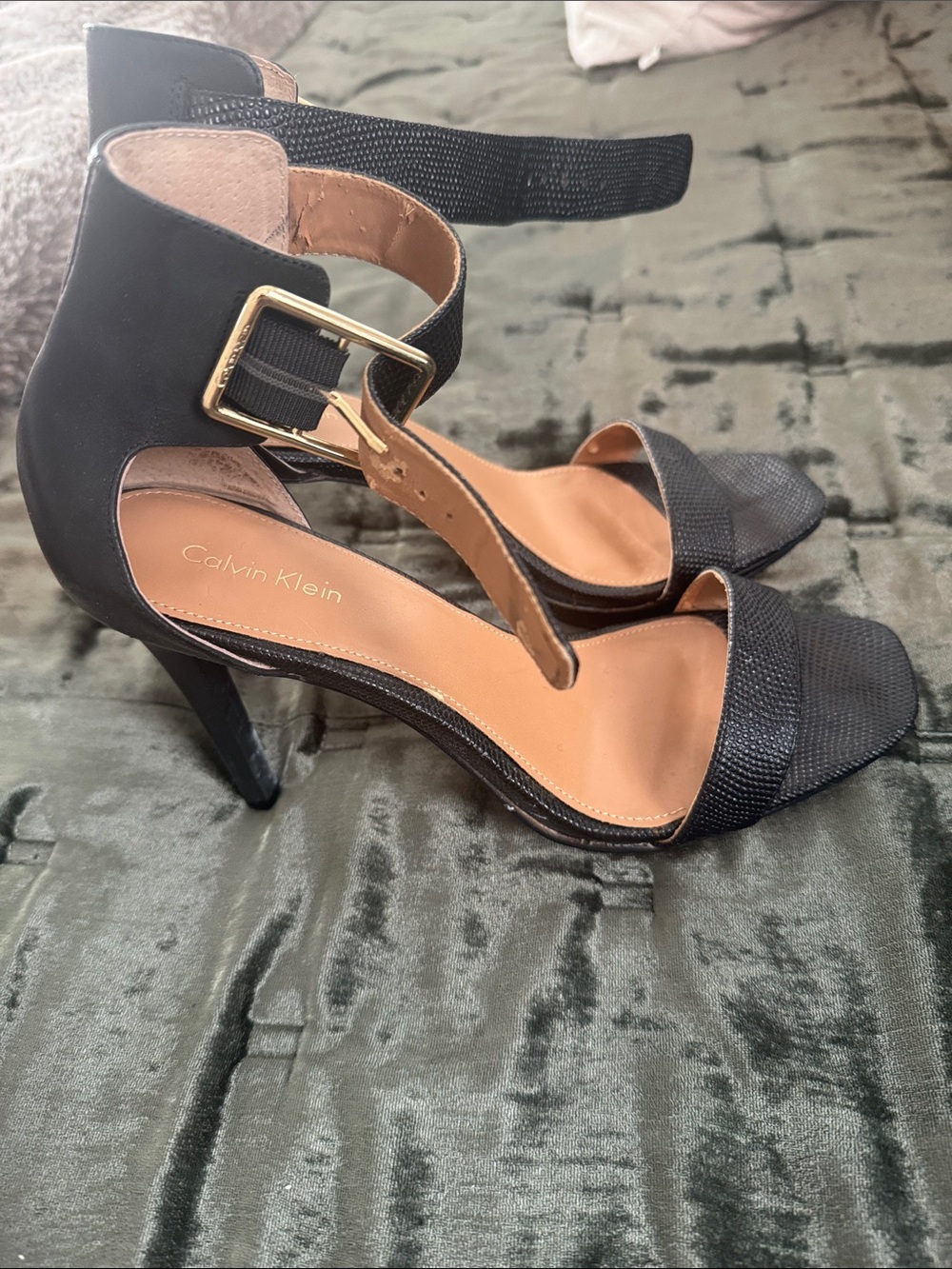 Calvin Klein Black Textured Ankle-Strap Heels